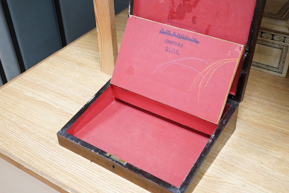 A Tunbridge ware half square mosaic banded writing slope, c.1830, a lacquer and mother of pearl inlaid box and an Indian bone veneered box, largest 34cm wide